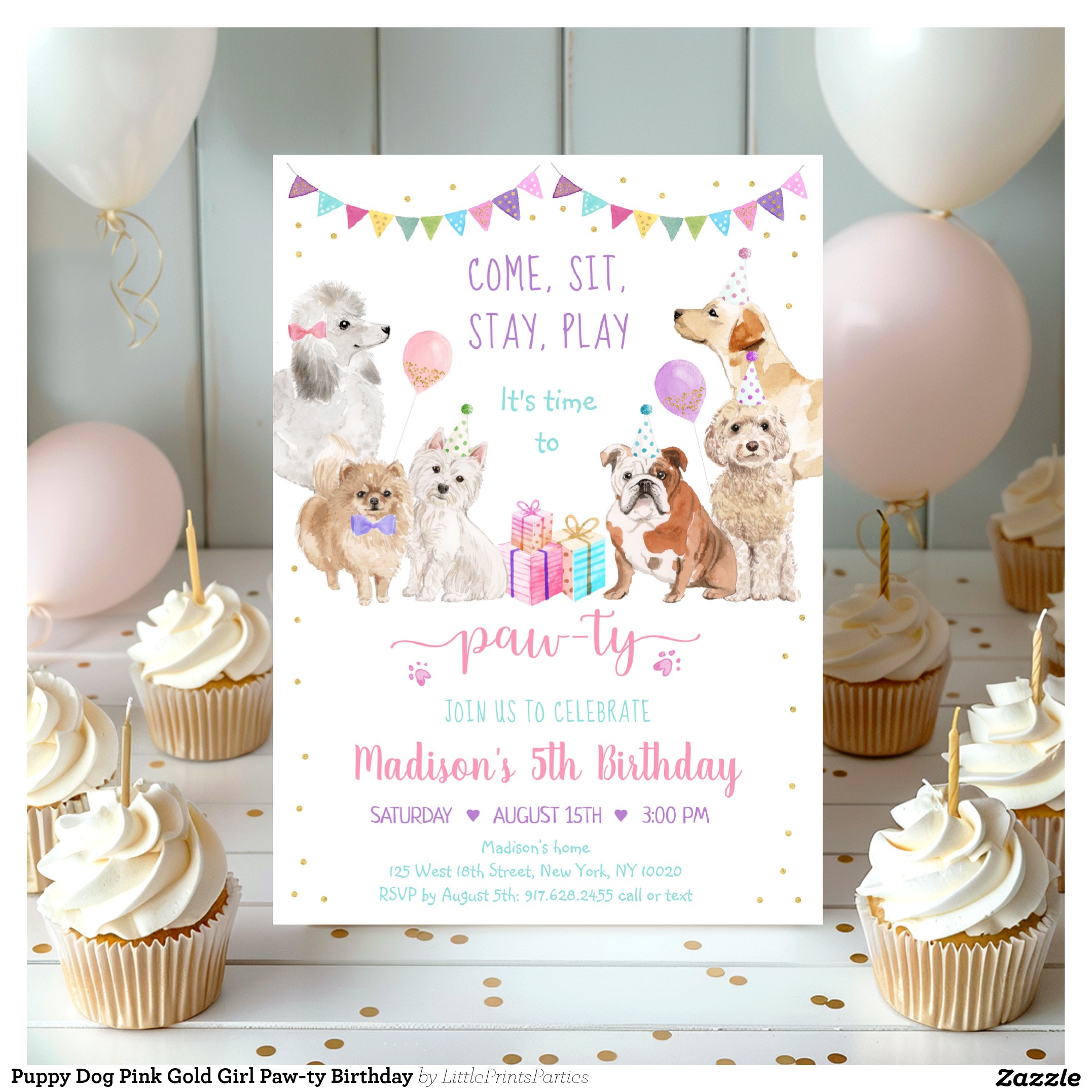 Puppy Dog Pink Gold Girl Paw-ty Birthday Invitation