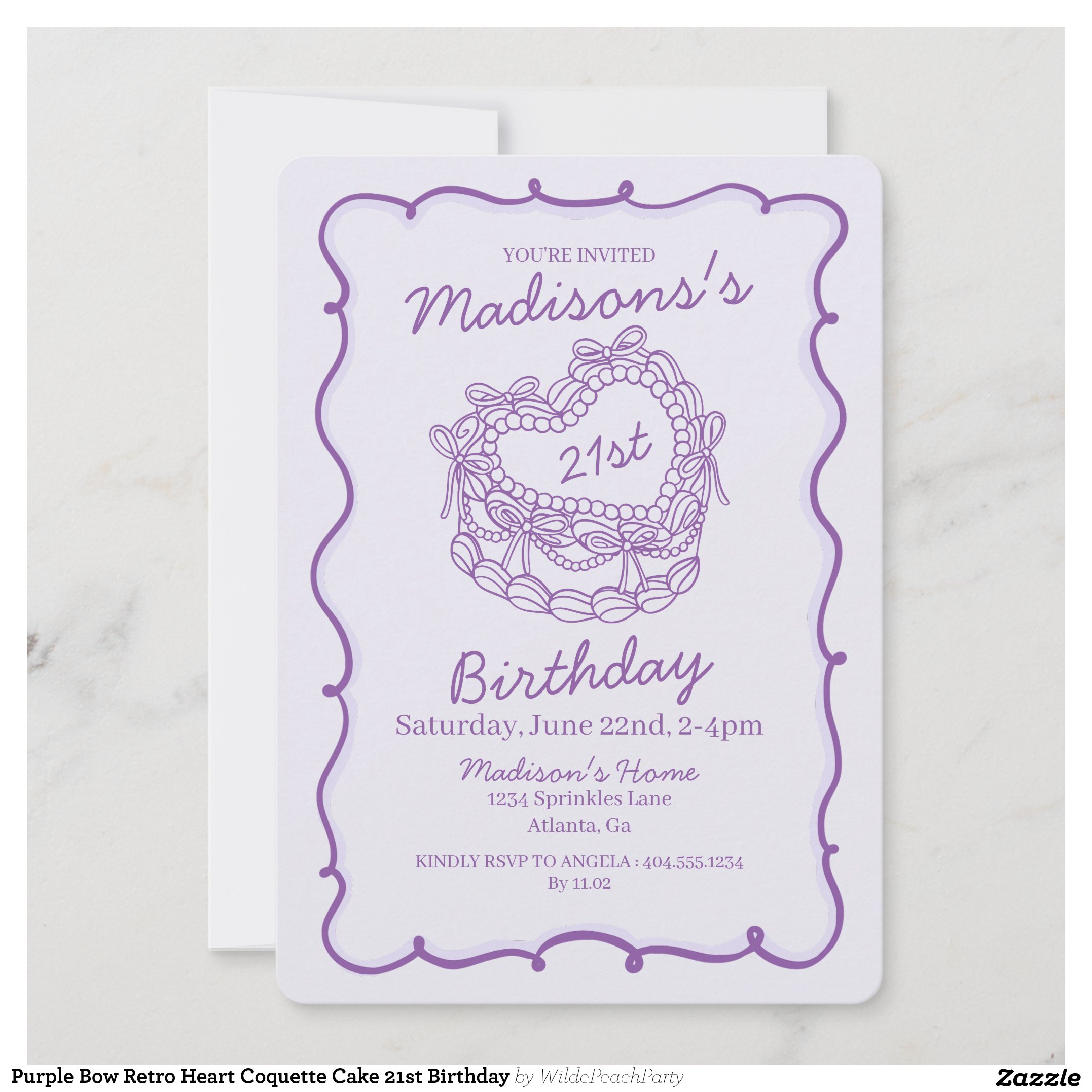 Purple Bow Retro Heart Coquette Cake 21st Birthday Invitation