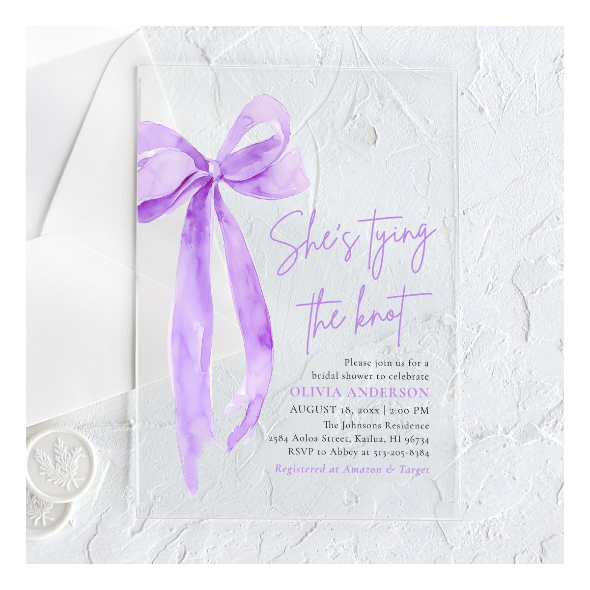 Purple Bow She's Tying the Knot Bridal Shower Acrylic Invitations