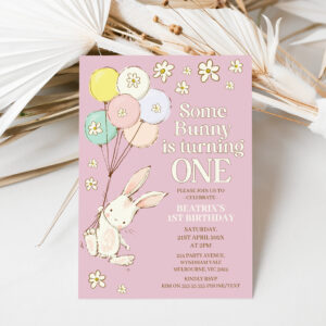 Purple Daisy Some Bunny Turning One 1st Birthday Invitation