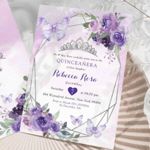 Purple Floral Royal Crown Butterfly Quincea?era Invitation