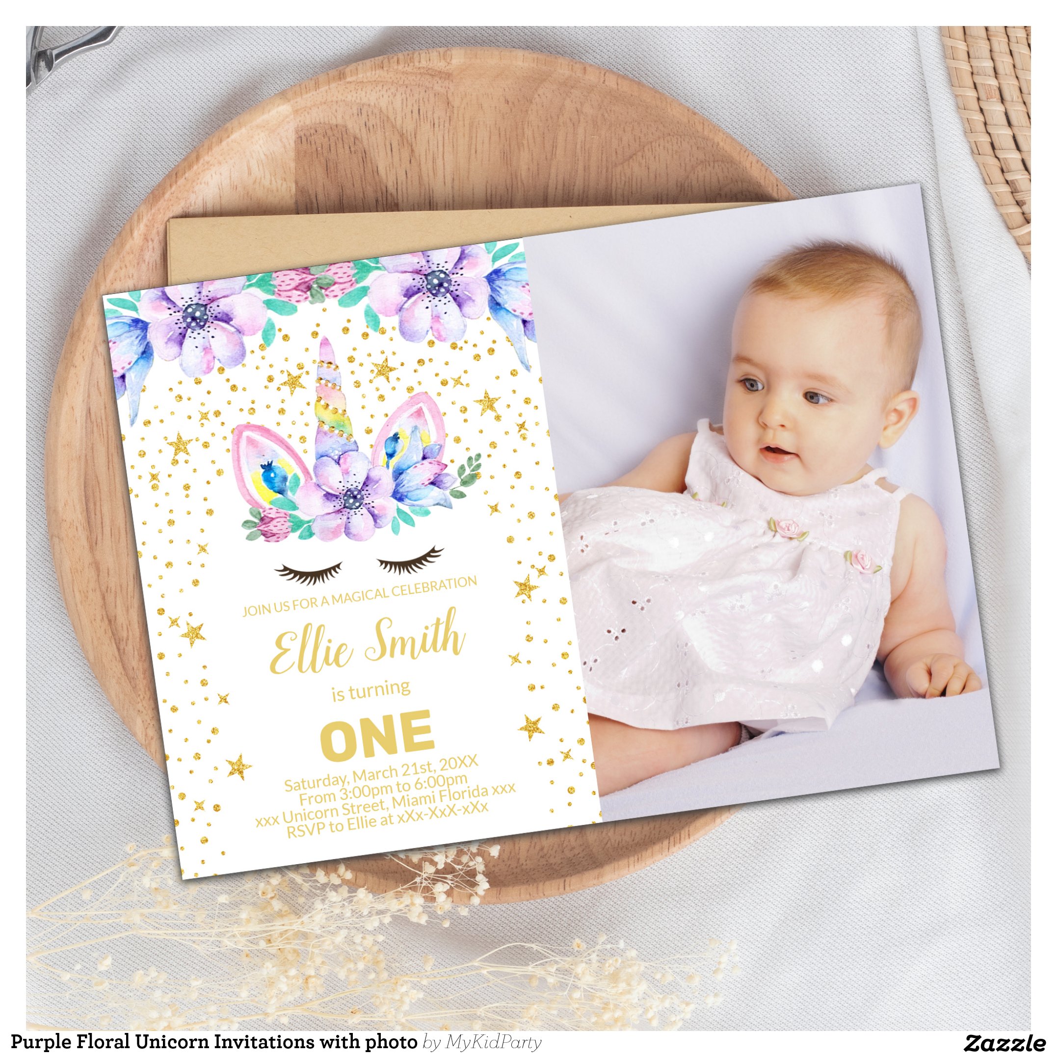 Purple Floral Unicorn Invitations with photo
