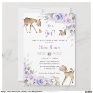 Purple Floral Woodland Animals Deer Baby Shower Invitation