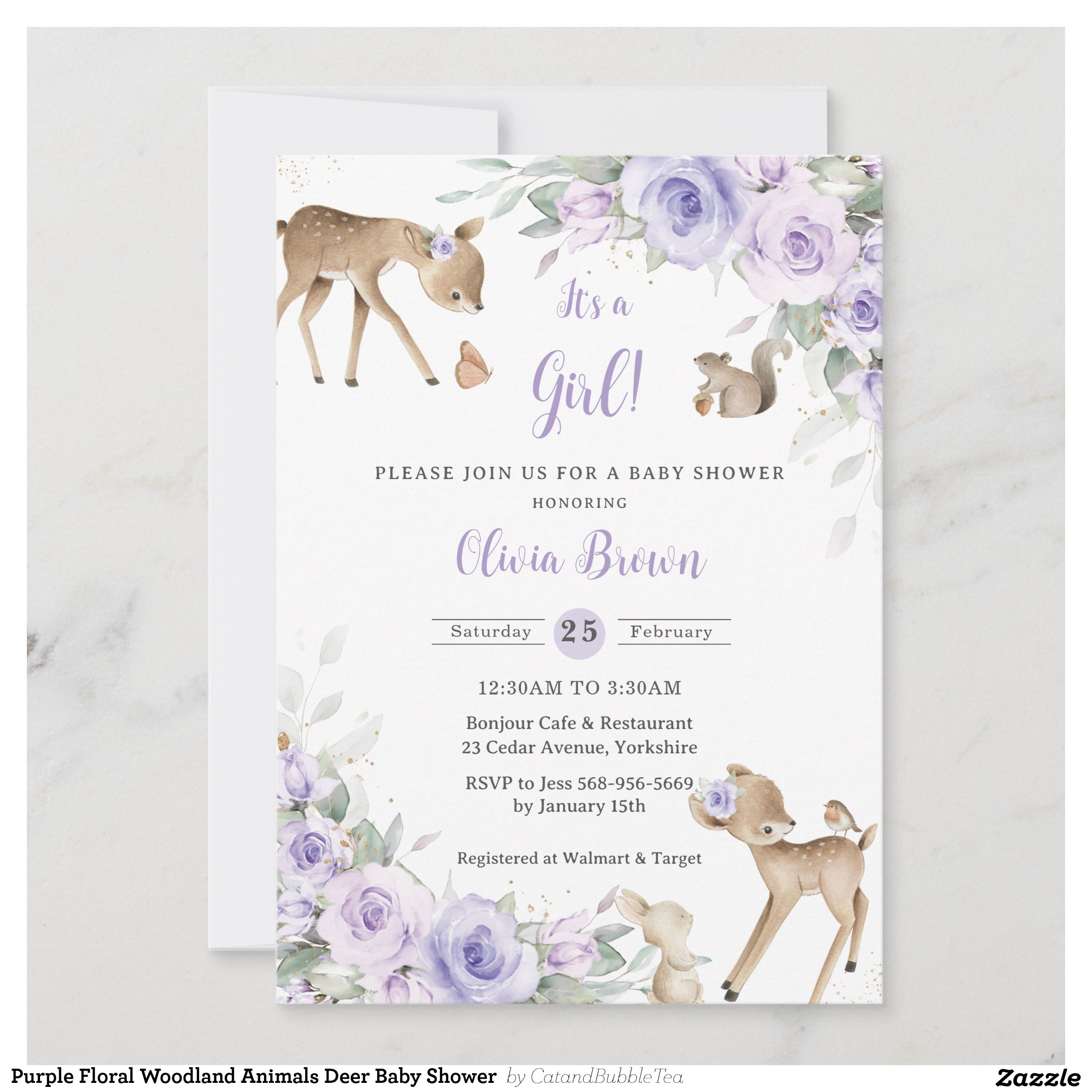 Purple Floral Woodland Animals Deer Baby Shower Invitation