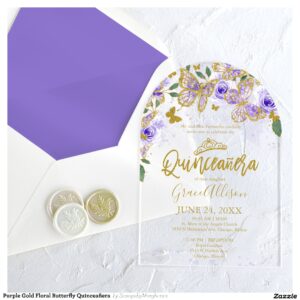 Purple Gold Floral Butterfly Quincea?era Acrylic Invitations