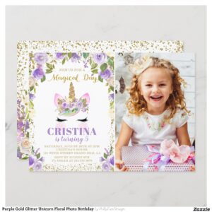 Purple Gold Glitter Unicorn Floral Photo Birthday Invitation