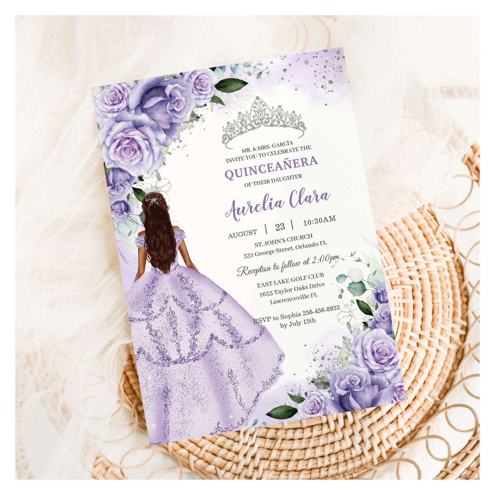 Purple Lavender Floral Silver Quincea?era Sweet 16 Invitation