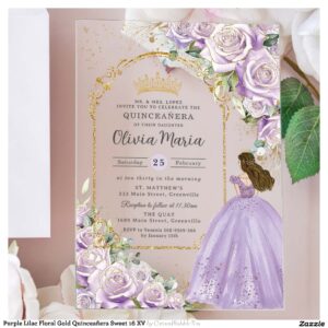 Purple Lilac Floral Gold Quincea?era Sweet 16 XV Acrylic Invitations