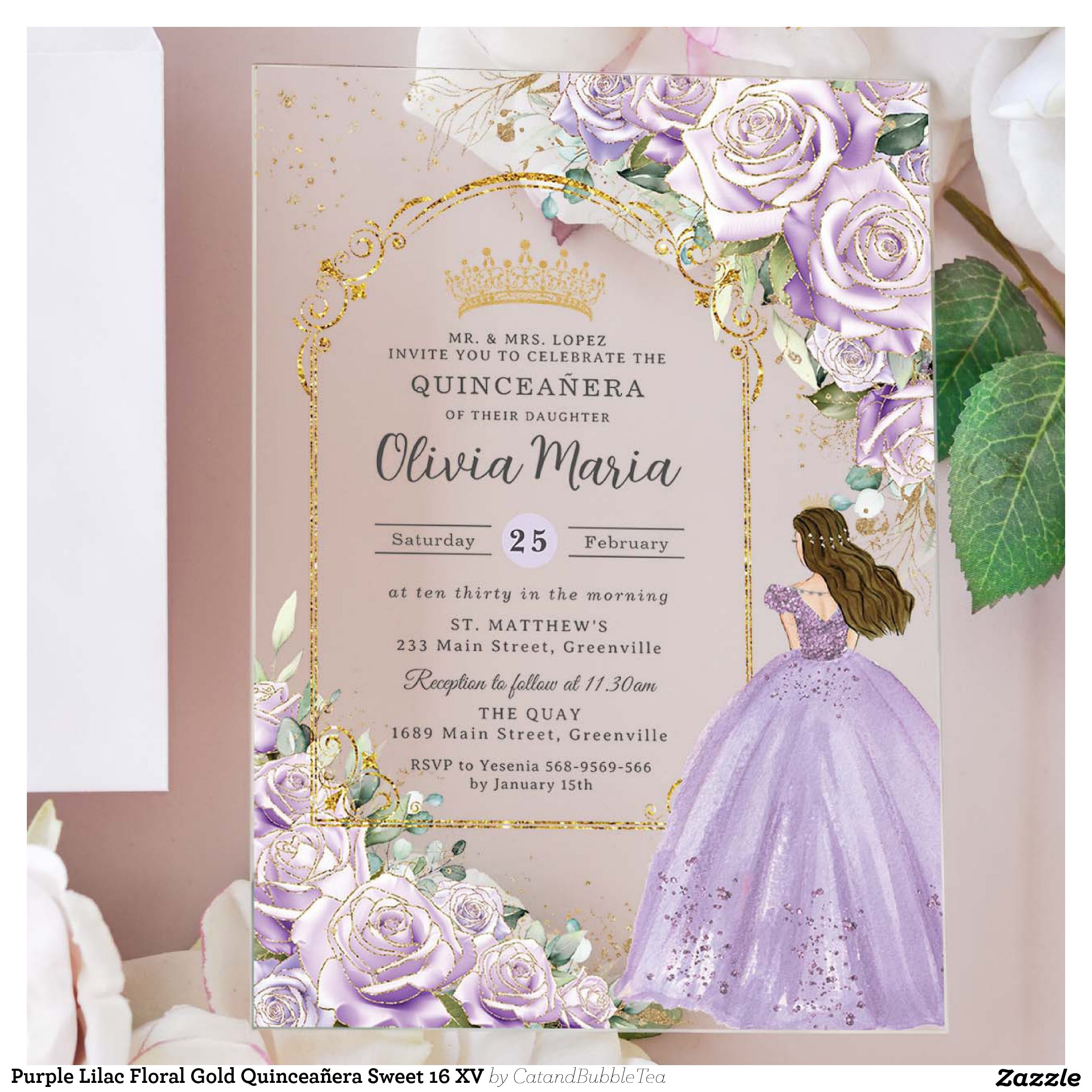 Purple Lilac Floral Gold Quincea?era Sweet 16 XV Acrylic Invitations