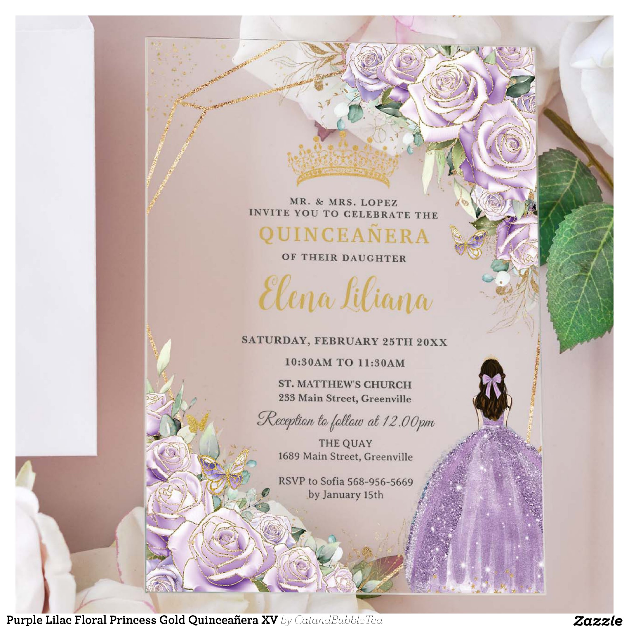 Purple Lilac Floral Princess Gold Quincea?era XV Acrylic Invitations