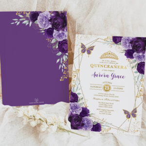 Purple Lilac Quincea?era Gold Tiara Geometric Invitation