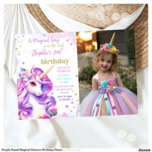 Purple Pastel Magical Unicorn Birthday Photo Invitation