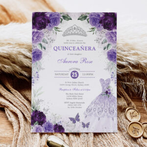 Purple Silver Floral Quincea?era Mis Quince Anos Invitation