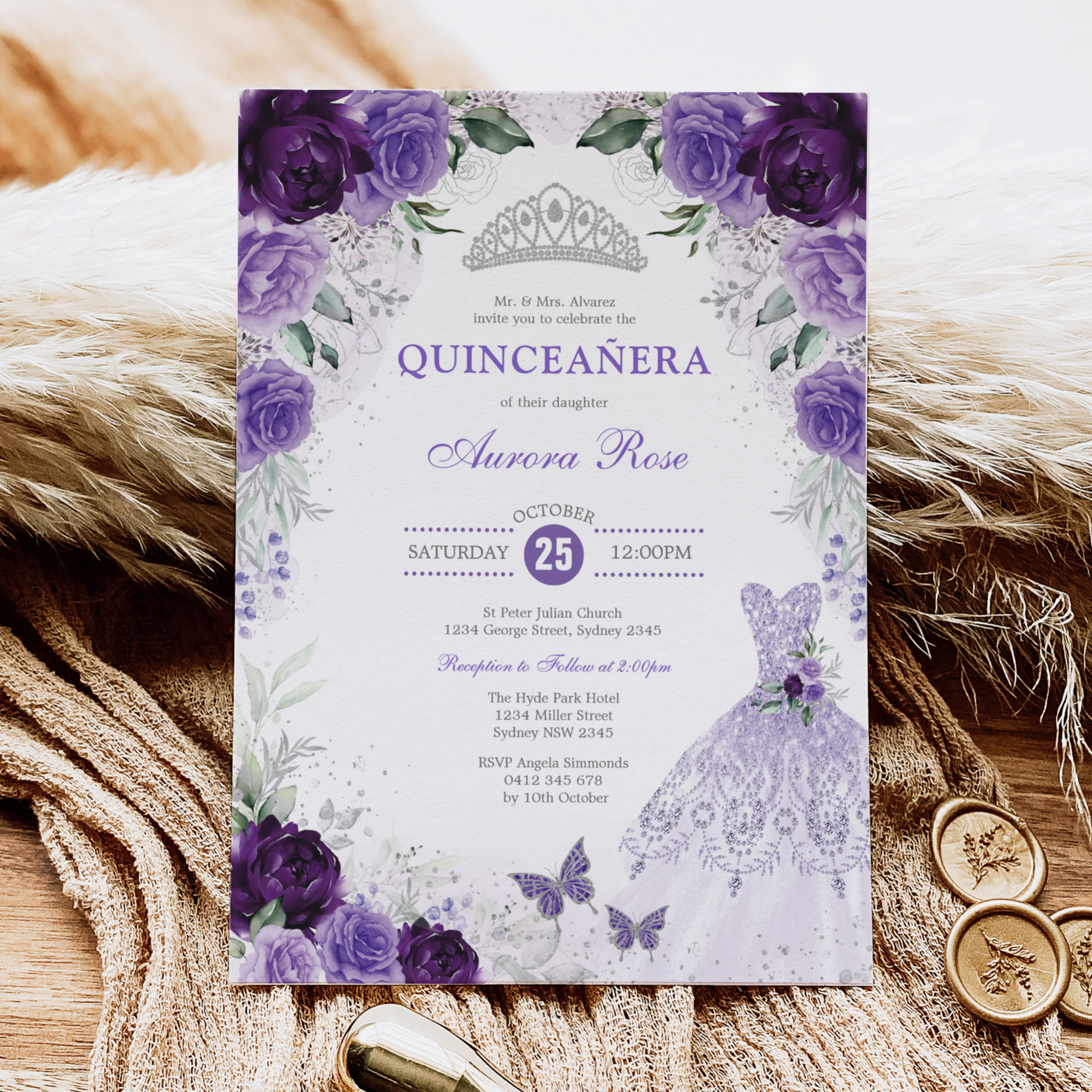 Purple Silver Floral Quincea?era Mis Quince Anos Invitation
