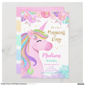 Purple Unicorn Birthday Invitation