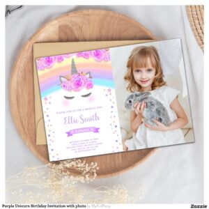 Purple Unicorn Birthday Invitation with photo