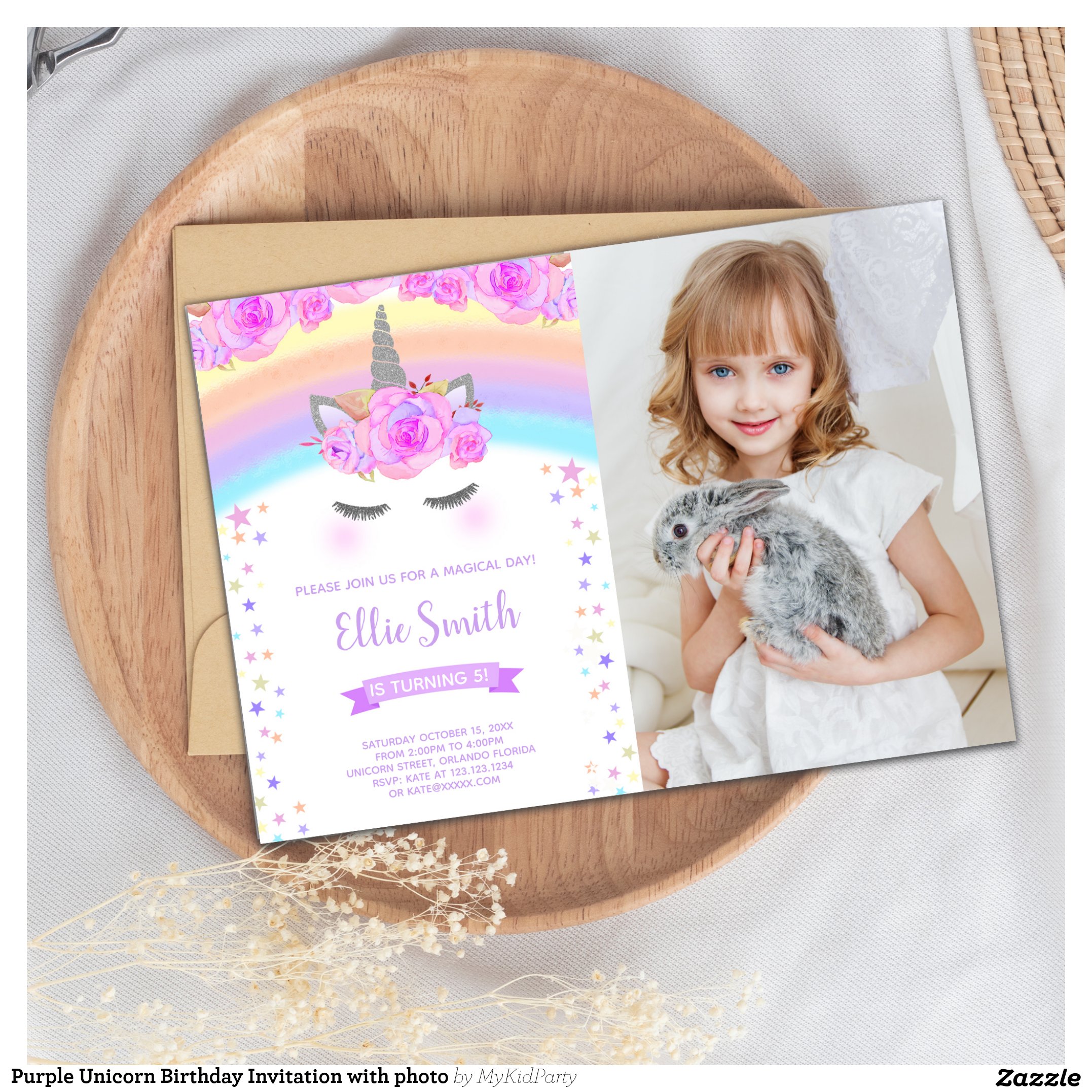 Purple Unicorn Birthday Invitation with photo