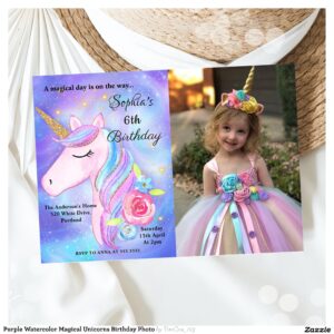 Purple Watercolor Magical Unicorns Birthday Photo Invitation