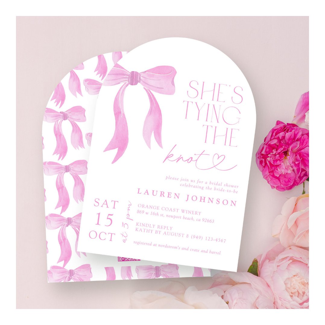 QR Code Pink Bow She's Tying the Knot Shower Invitation