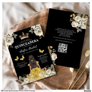 QR Code Quinceanera Floral Gold Princess Invitation
