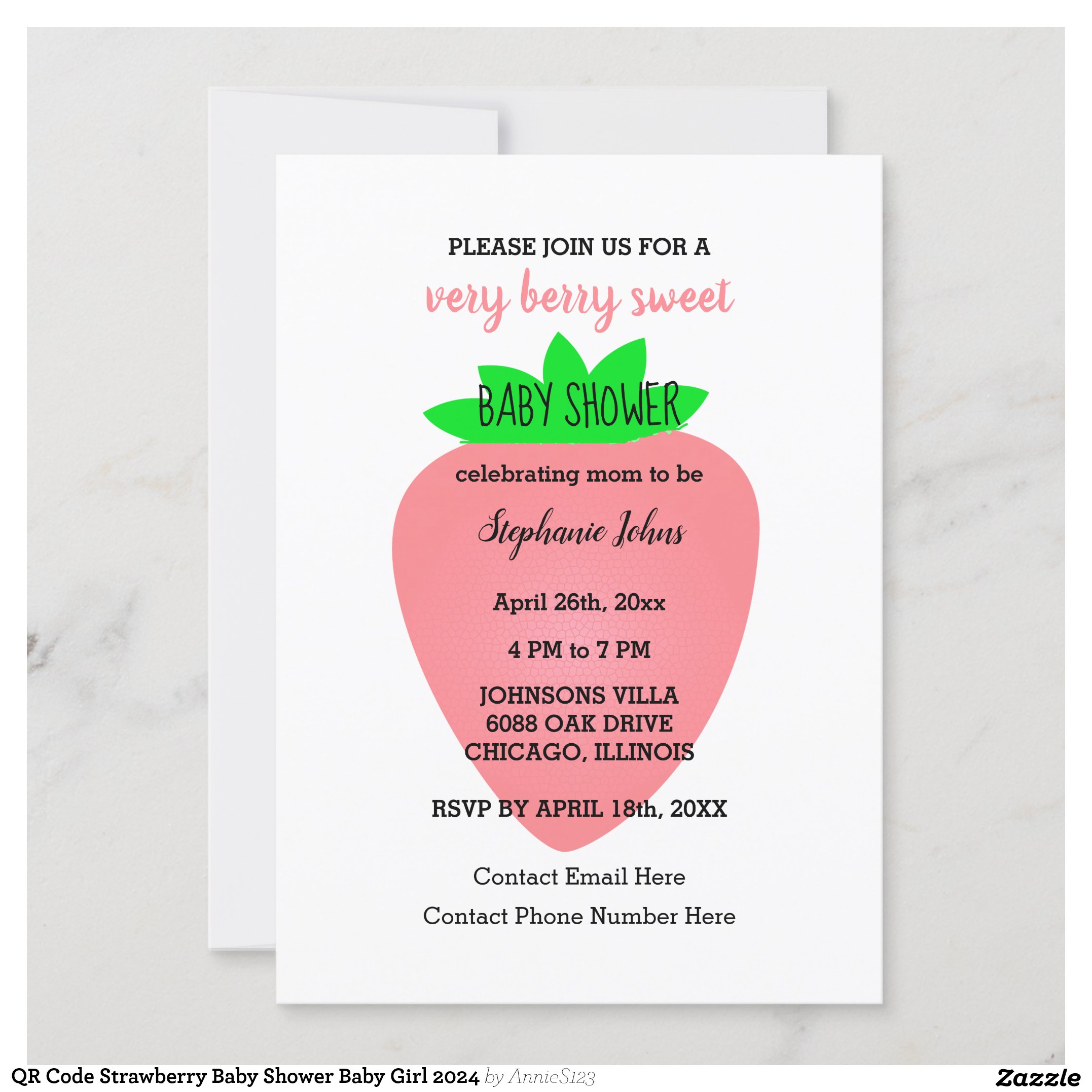 QR Code Strawberry Baby Shower Baby Girl 2024 Invitation