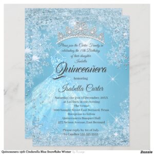 Quinceanera 15th Cinderella Blue Snowflake Winter Invitation