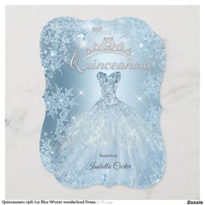 Quinceanera 15th Icy Blue Winter wonderland Dress Invitation