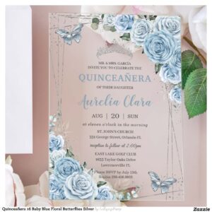 Quincea?era 16 Baby Blue Floral Butterflies Silver Acrylic Invitations