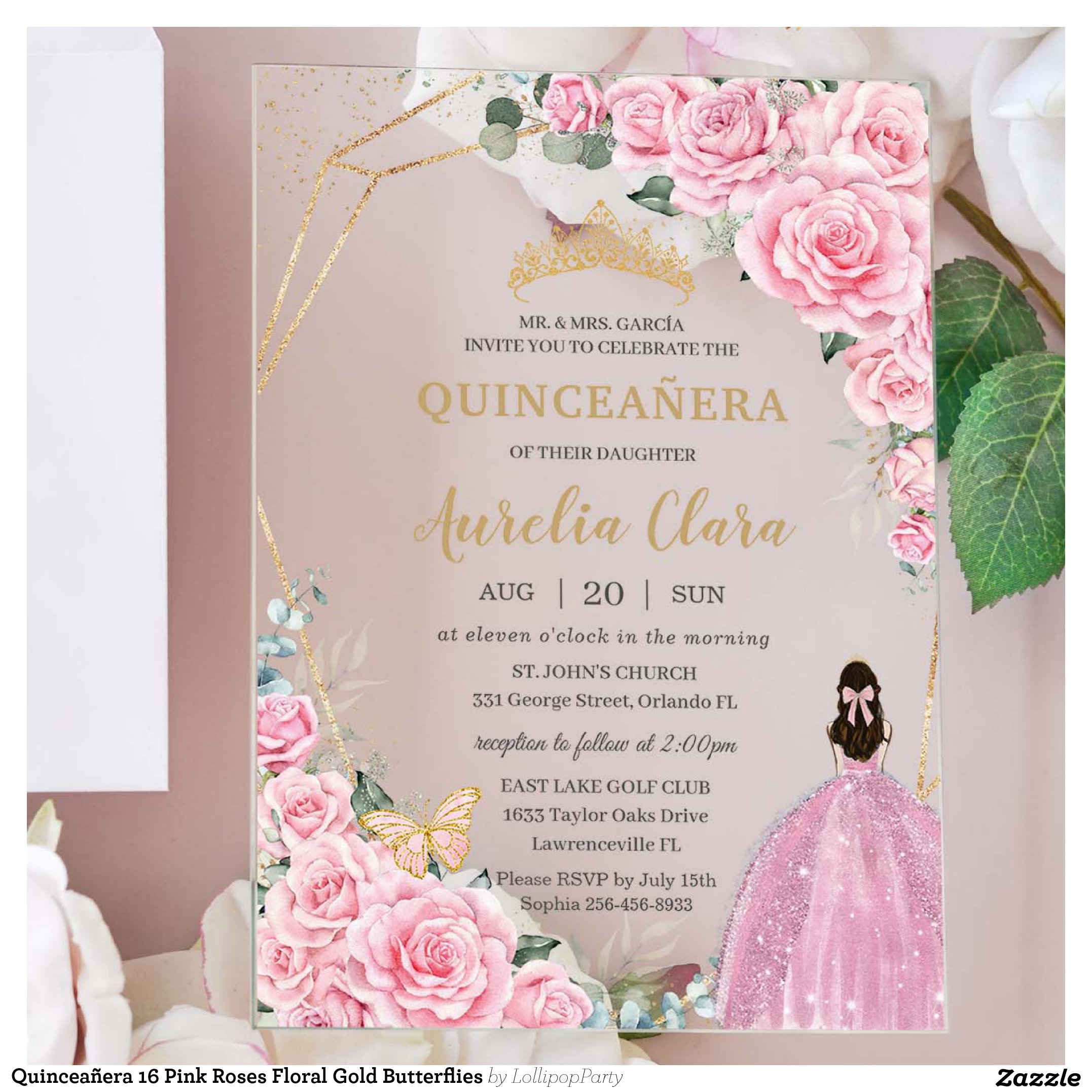 Quincea?era 16 Pink Roses Floral Gold Butterflies Acrylic Invitations