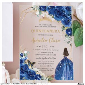 Quincea?era 16 Royal Blue Floral Gold Butterflies Acrylic Invitations