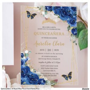 Quincea?era 16 Royal Blue Floral Gold Butterflies Acrylic Invitations