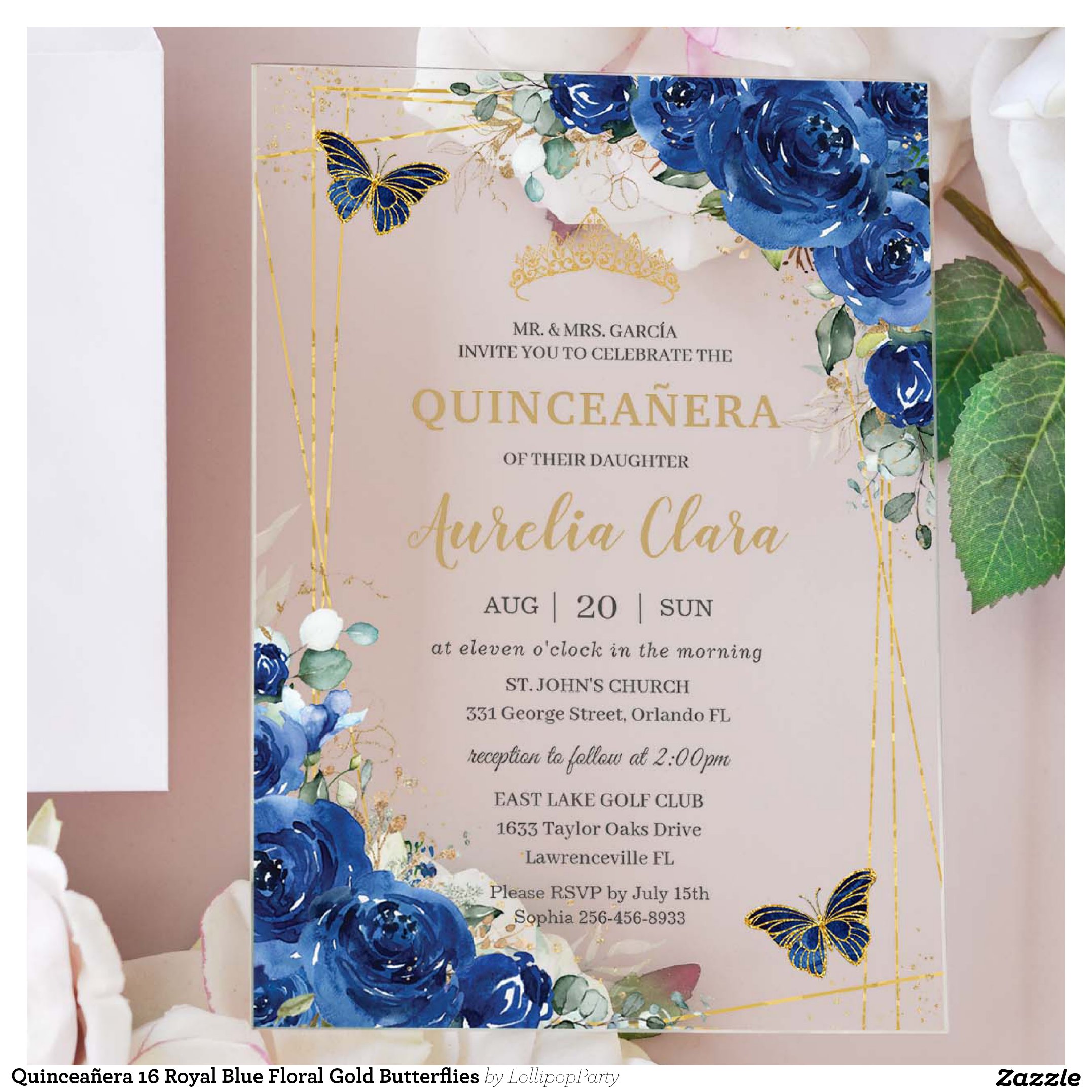 Quincea?era 16 Royal Blue Floral Gold Butterflies Acrylic Invitations