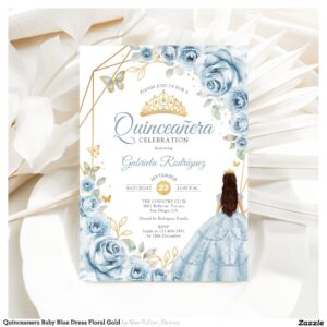 Quinceanera Baby Blue Dress Floral Gold Invitation