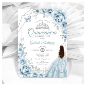 Quinceanera Baby Blue Dress Silver Floral Invitation