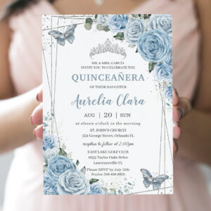 Quincea?era Baby Blue Floral Butterflies 16th Invitation