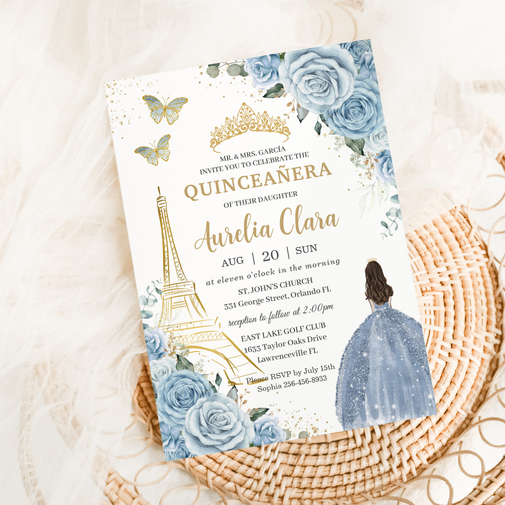 Quincea?era Baby Blue Floral Paris Eiffel France Invitation