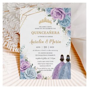 Quincea?era Baby Blue Lilac Purple Floral Twins Invitation