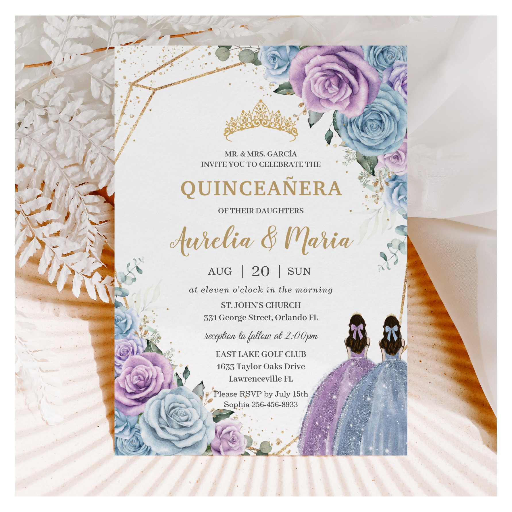 Quincea?era Baby Blue Lilac Purple Floral Twins Invitation