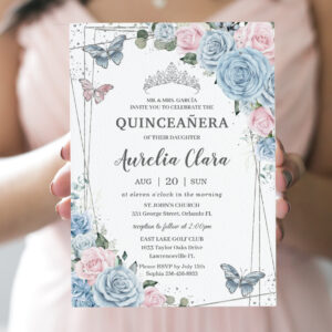 Quincea?era Baby Blue Pale Pink Floral Butterflies Invitation