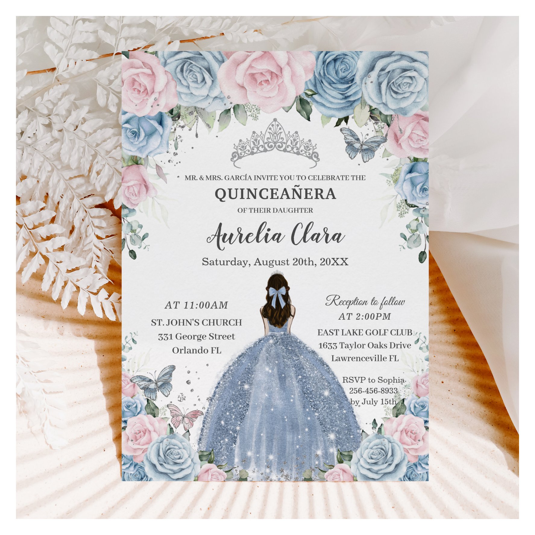 Quincea?era Baby Blue Pink Floral Princess Dress Invitation