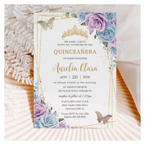 Quinceanera Baby Blue Purple Lilac Floral Gold Invitation