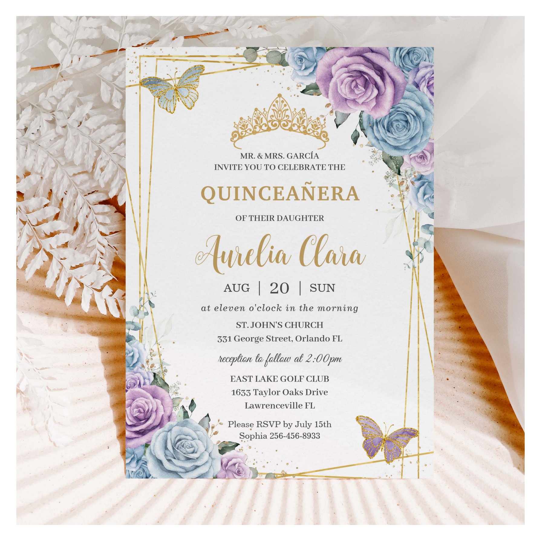 Quinceanera Baby Blue Purple Lilac Floral Gold Invitation