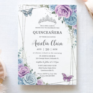 Quinceanera Baby Blue Purple Lilac Floral Silver Invitation
