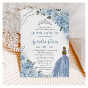 Quincea?era Baby Soft Blue Floral Princess 15 16 Invitation
