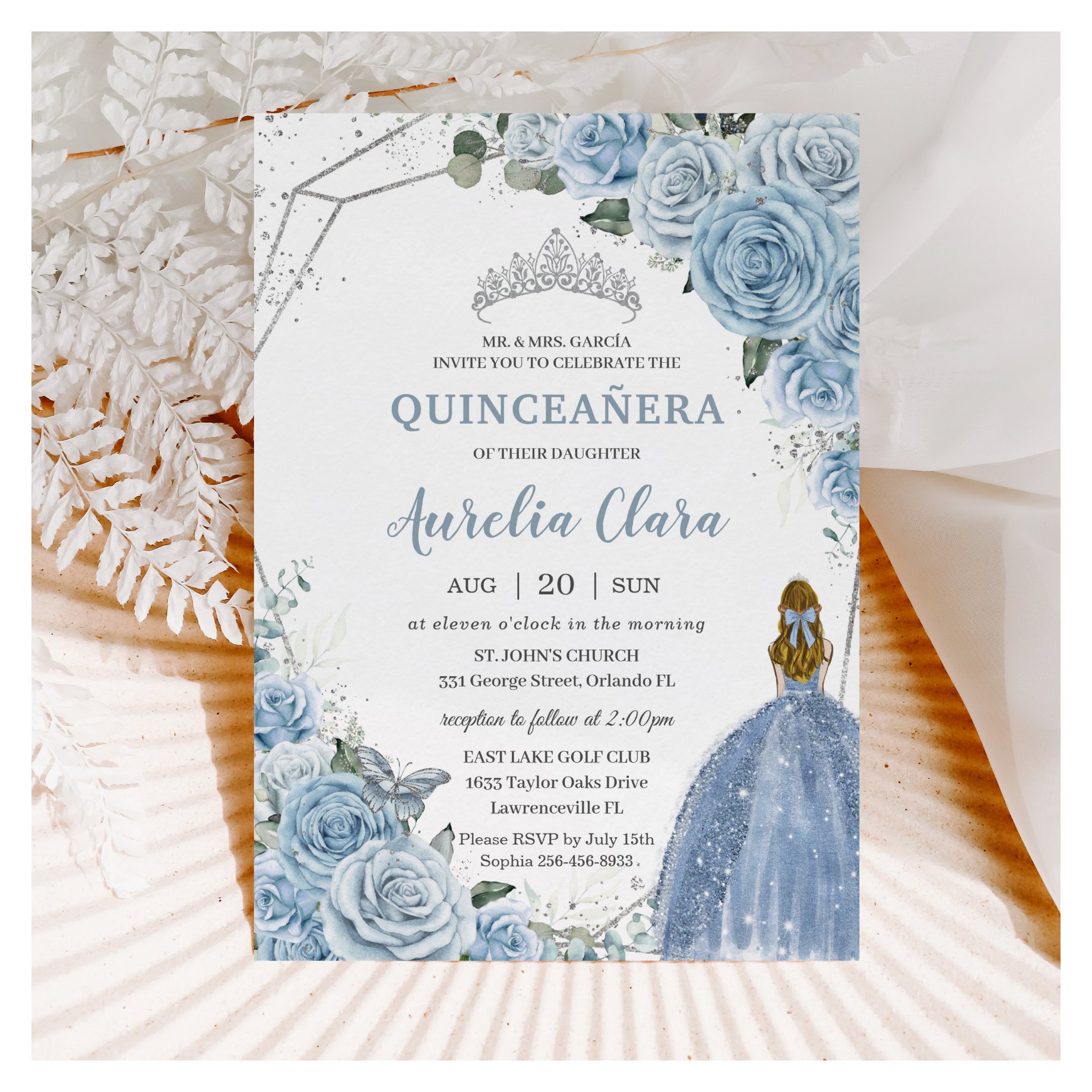 Quincea?era Baby Soft Blue Floral Princess 15 16 Invitation