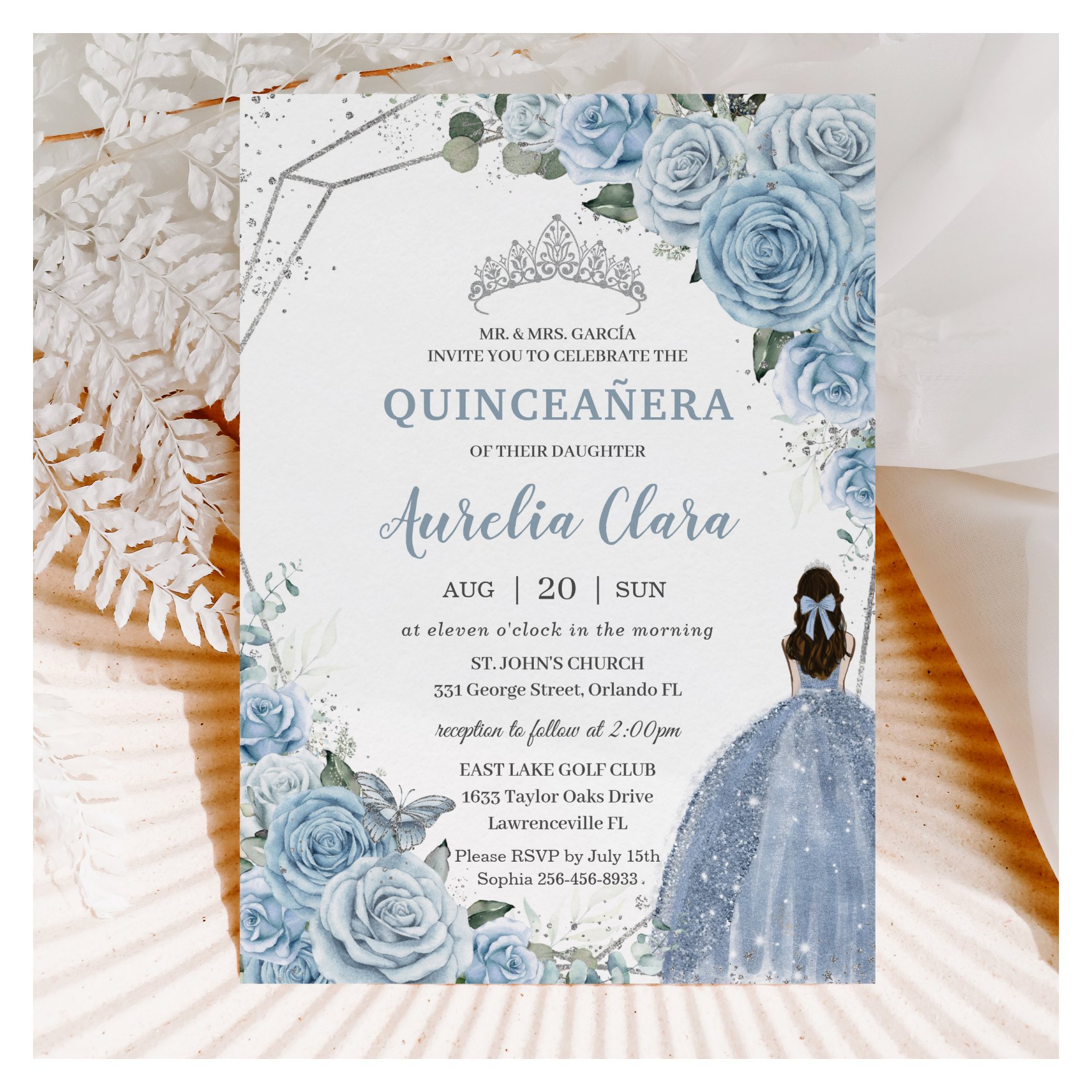 Quincea?era Baby Soft Blue Floral Princess 15 A?os Invitation