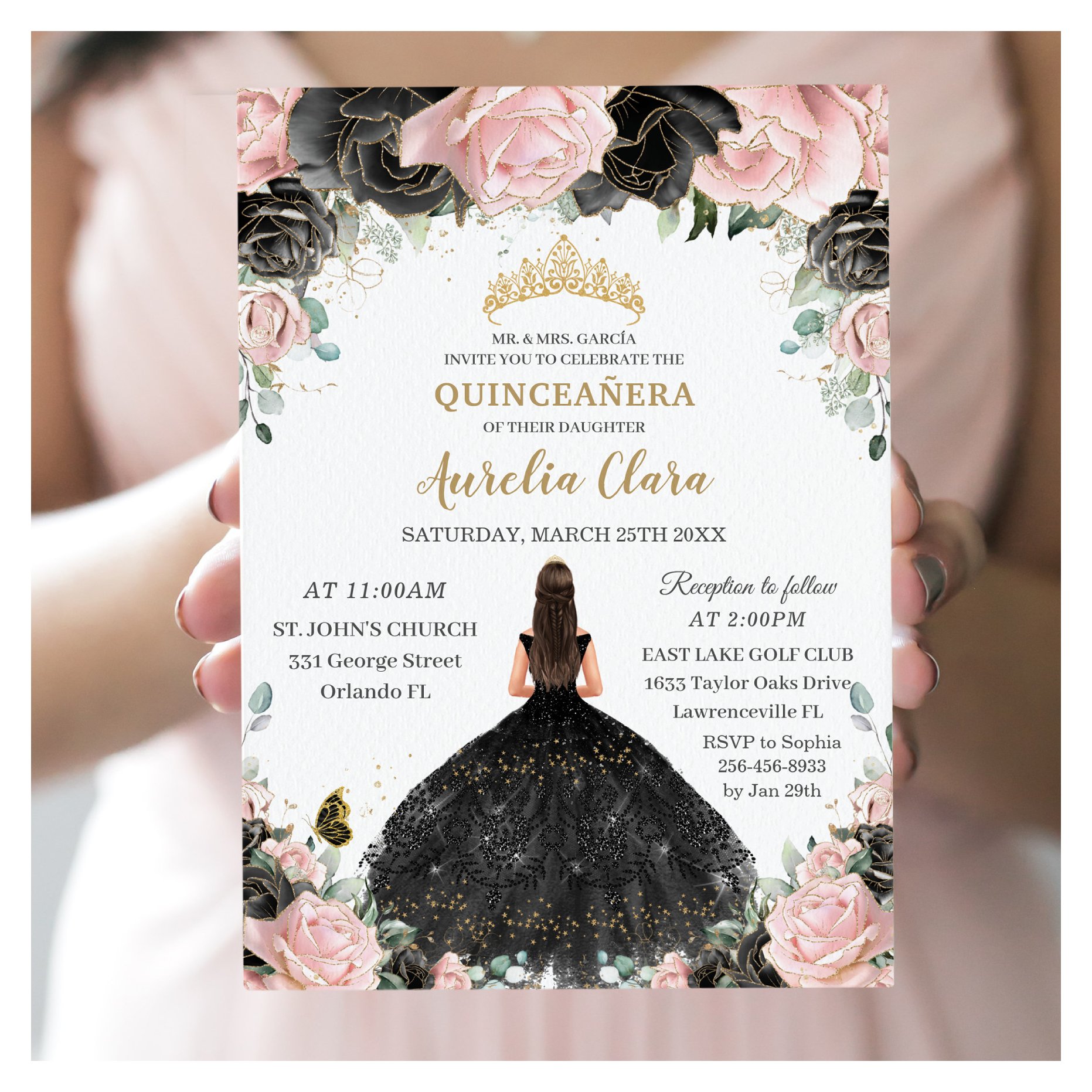 Quincea?era Black Pink Roses Floral Princess Dress Invitation
