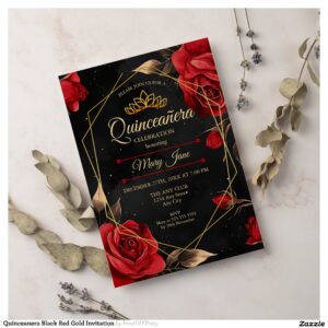 Quinceanera Black Red Gold Invitation