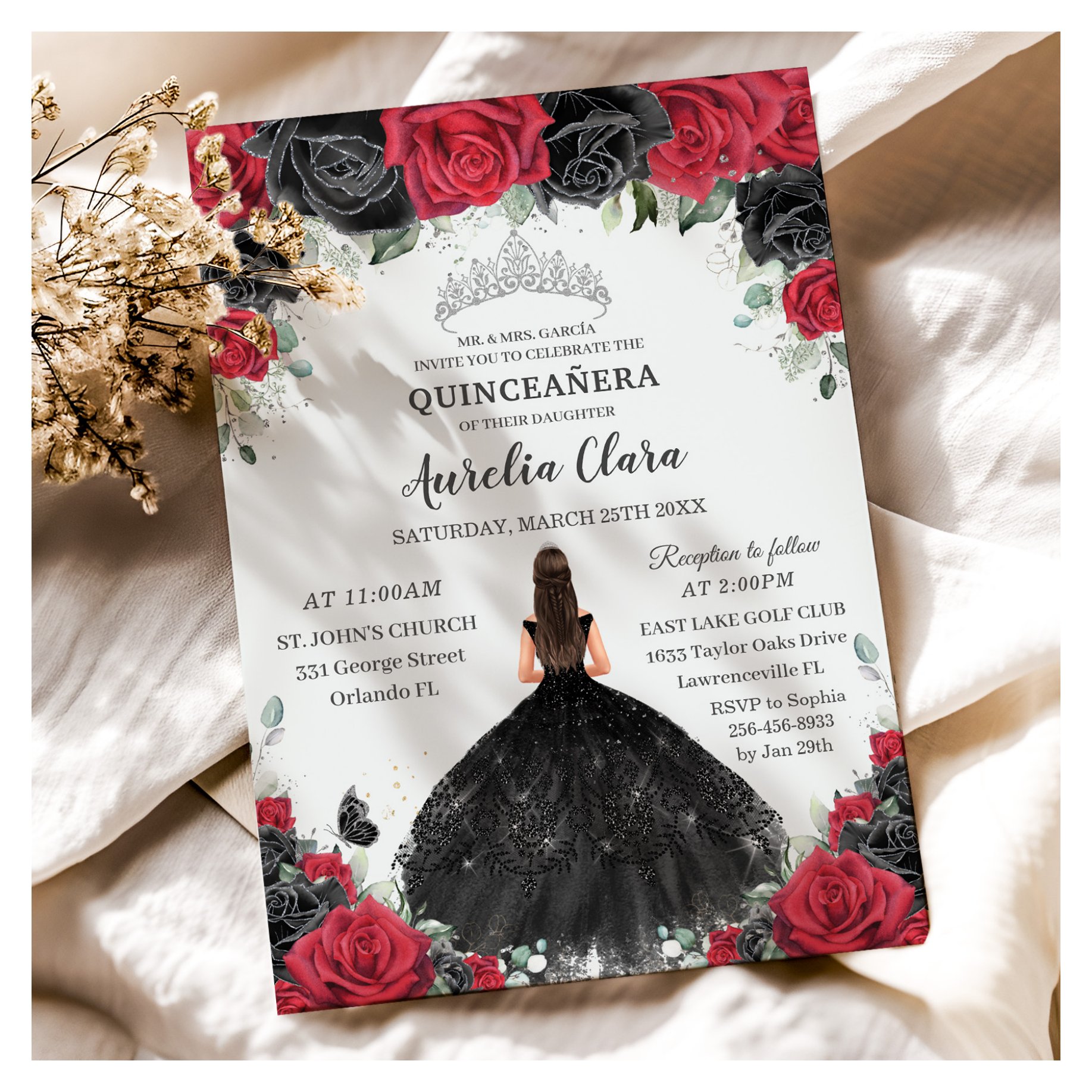 Quincea?era Black Red Roses Floral Princess Dress Invitation