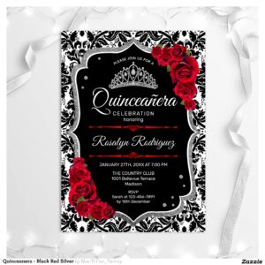 Quinceanera - Black Red Silver Invitation